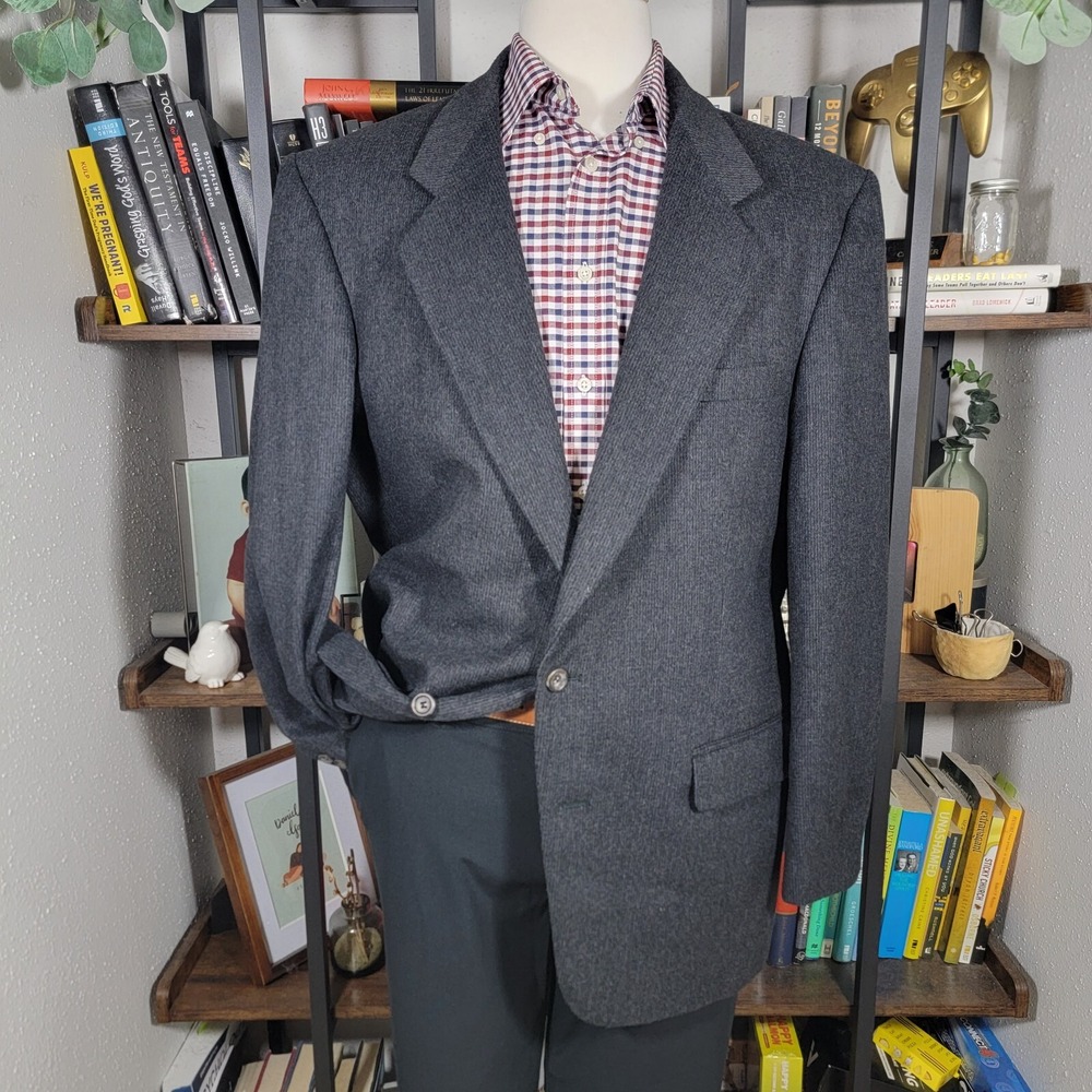 Robert Stock Men's Flannel Sport Coat Two Button Charcoal Black Wool Blend 44L